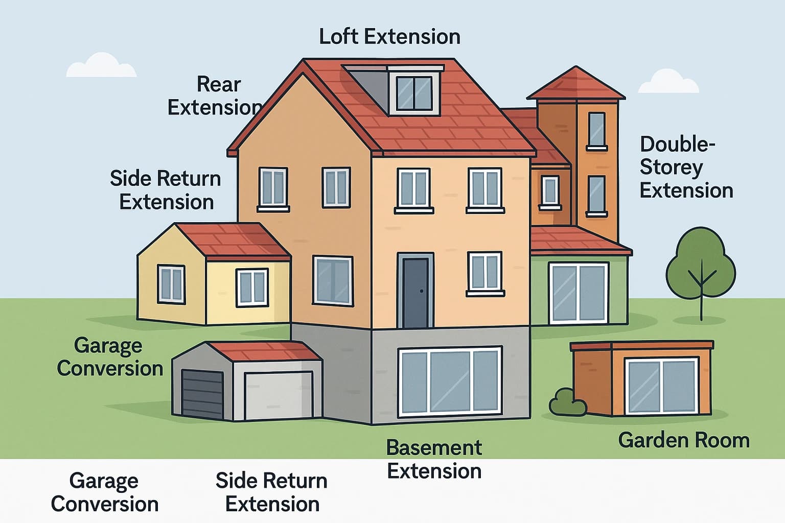 Diagram showing types of house extensions in a typical London home, including rear, loft, side return, garage, and garden room extensions.