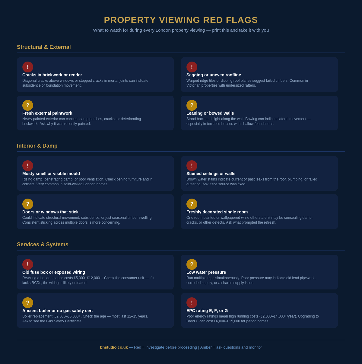 Property viewing red flags checklist showing structural, interior, damp and services warning signs for London home buyers
